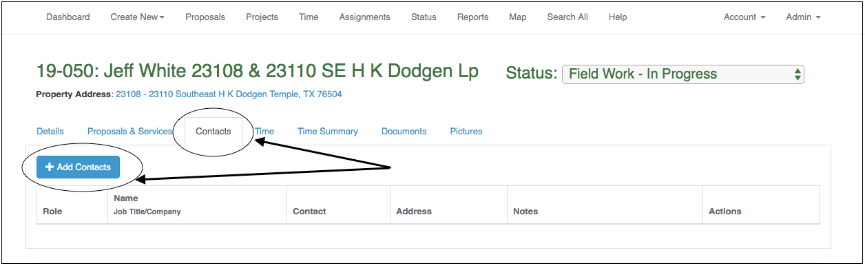 Dropdown menu showing various professional and field service options.