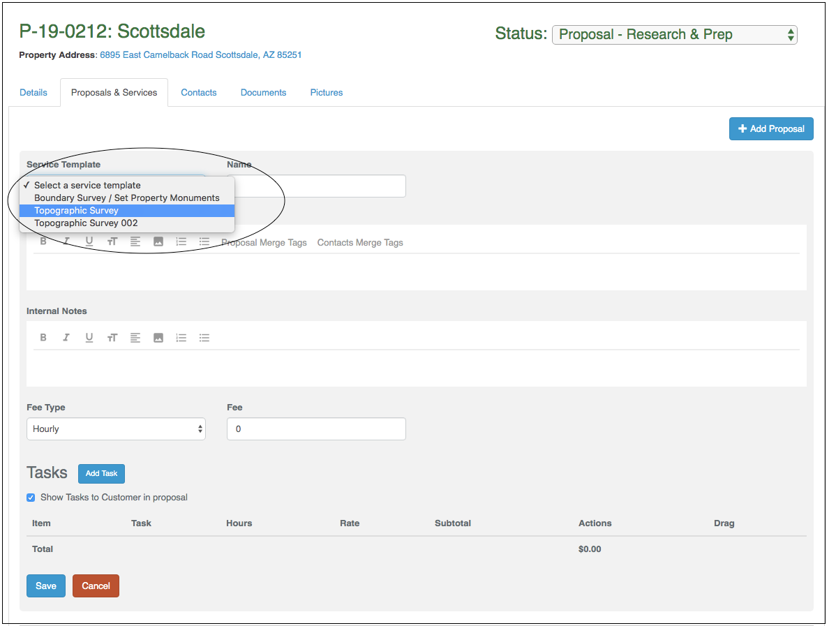 Dropdown menu showing various professional and field service options.