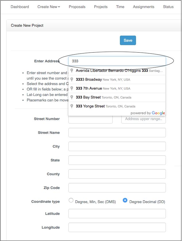 Dropdown menu showing various professional and field service options.