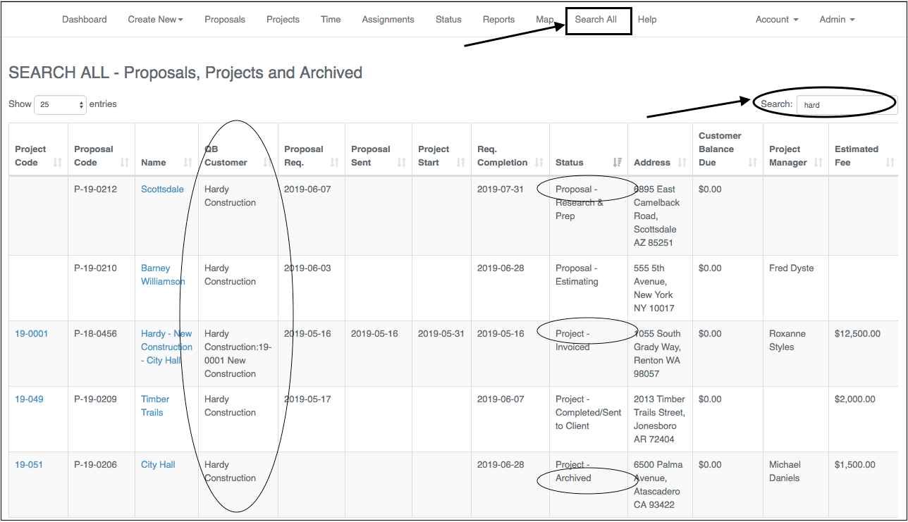 Dropdown menu showing various professional and field service options.