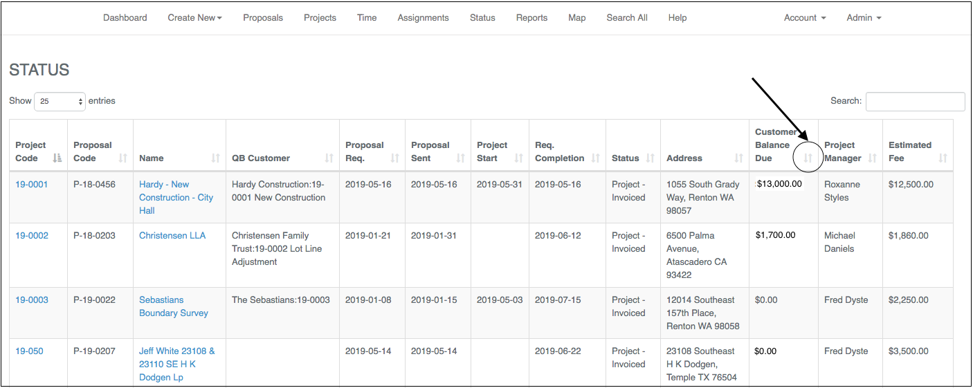 Dropdown menu showing various professional and field service options.