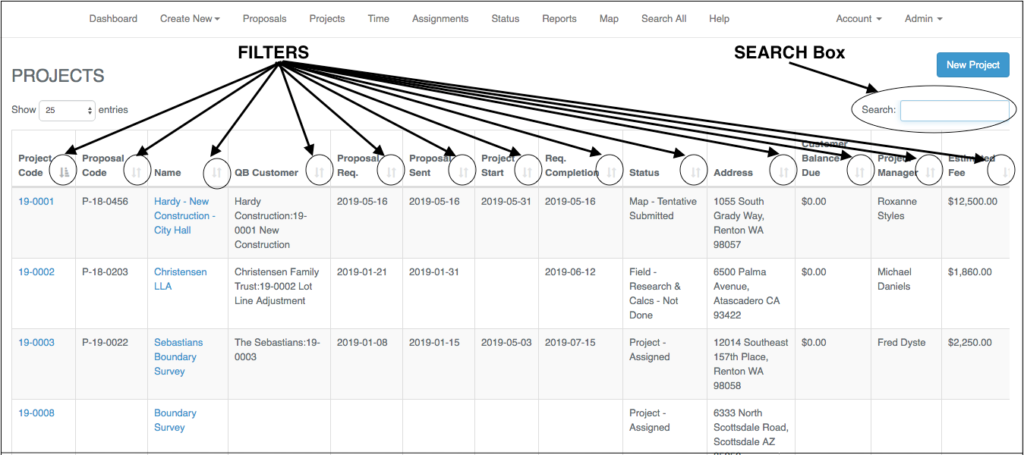Dropdown menu showing various professional and field service options.