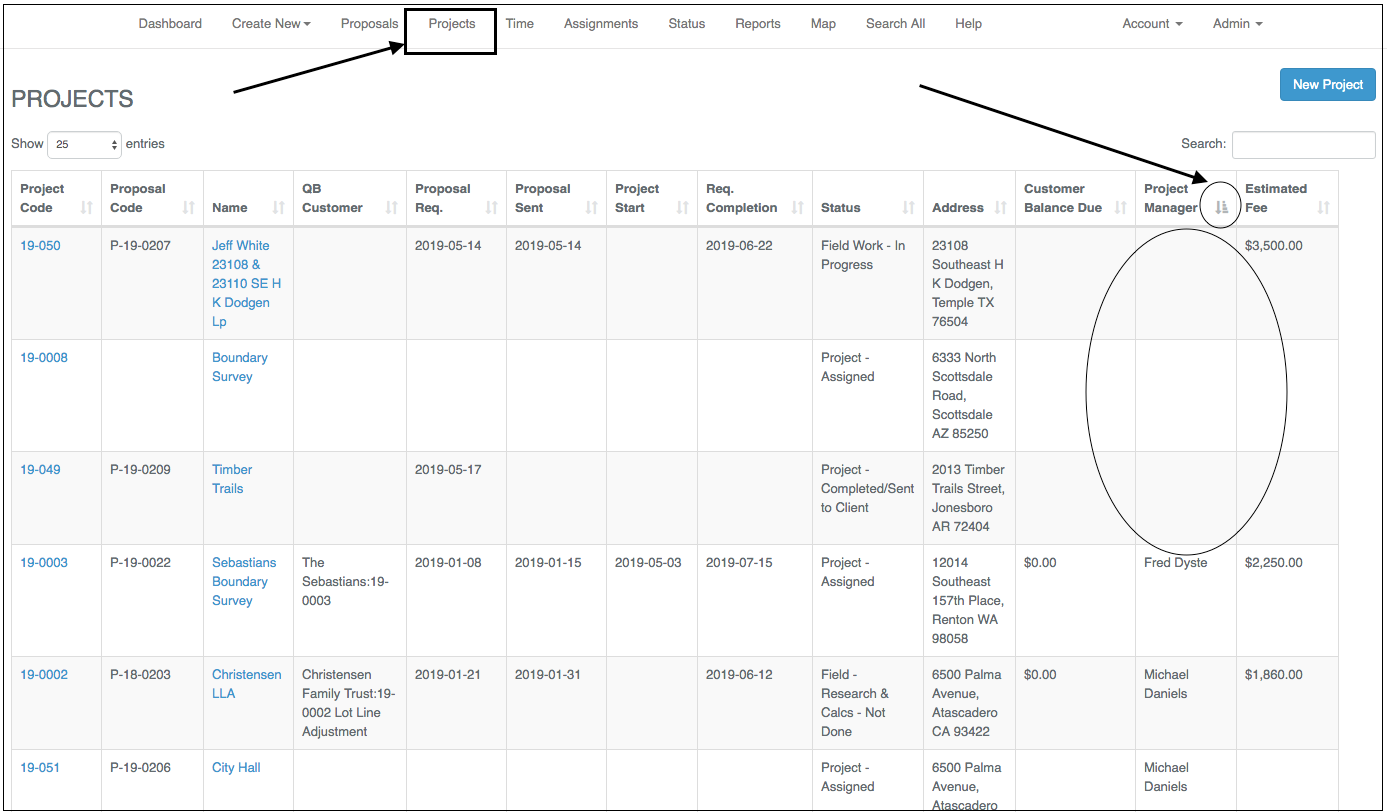 Dropdown menu showing various professional and field service options.