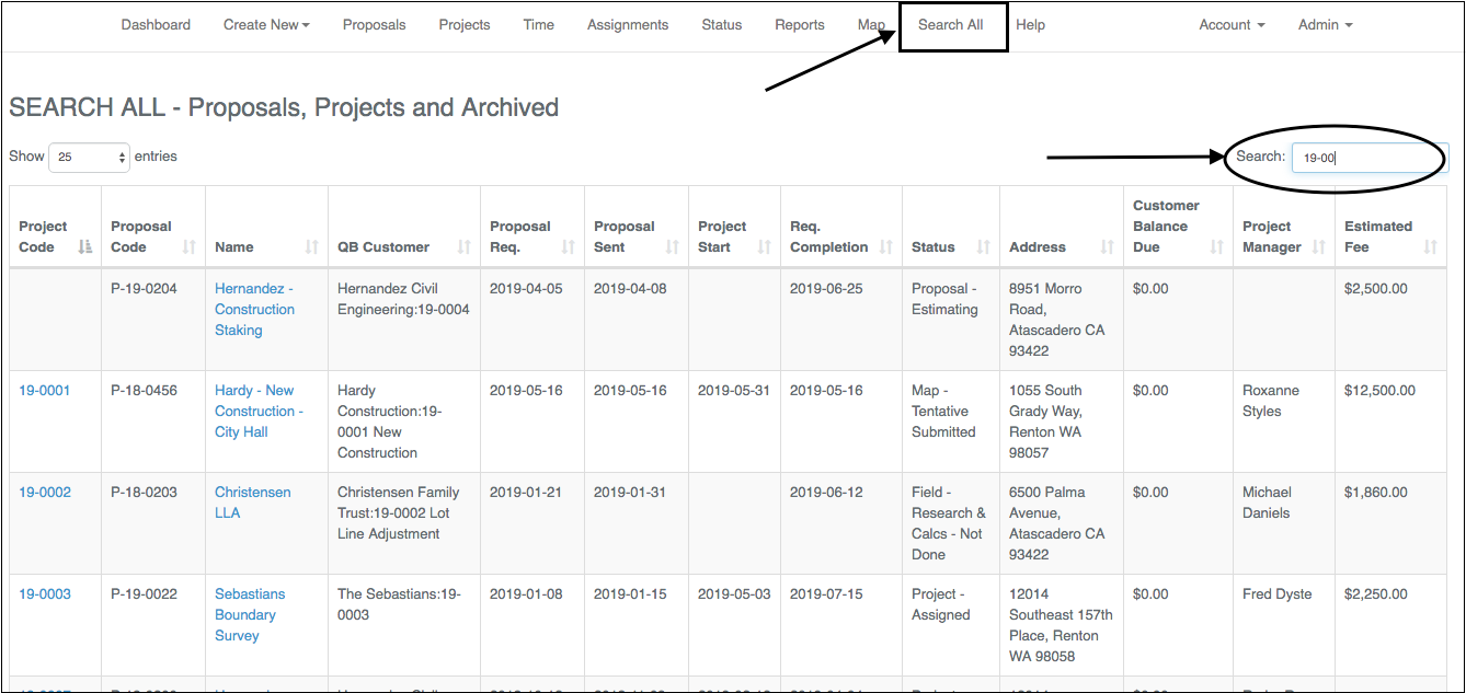 Dropdown menu showing various professional and field service options.