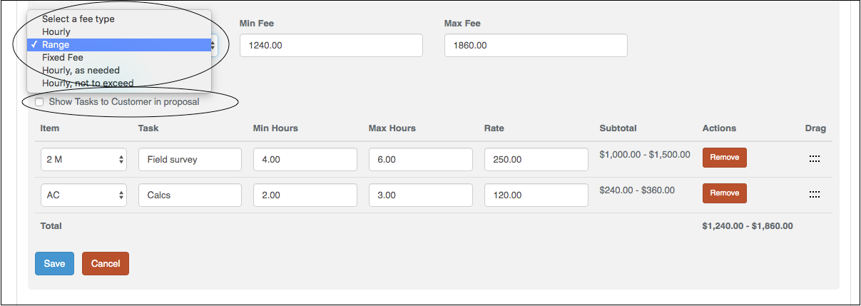 Dropdown menu showing various professional and field service options.