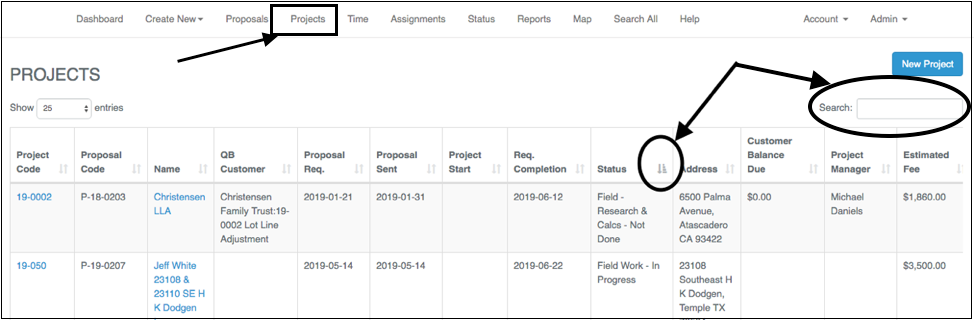 Dropdown menu showing various professional and field service options.