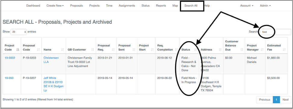 Dropdown menu showing various professional and field service options.