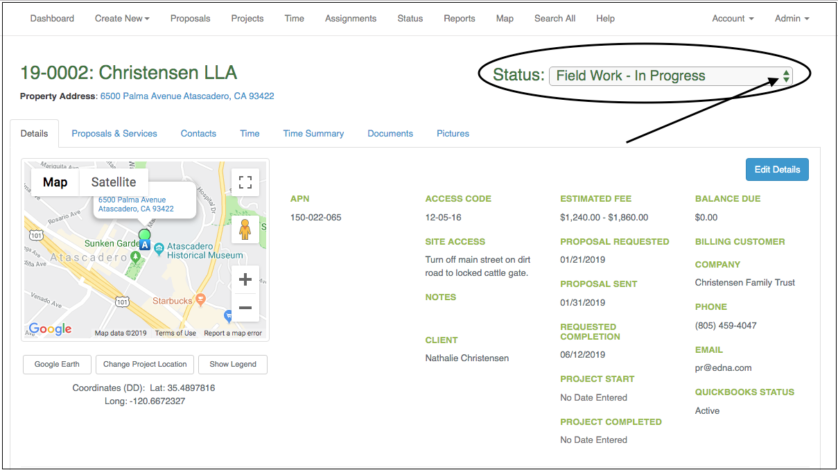 Dropdown menu showing various professional and field service options.