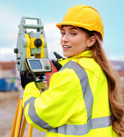 Portrait of young female Surveyor using a total station for land measurement at construction site showcasing safety gear and professional focus